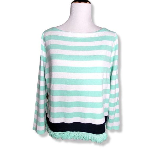 Crown & Ivy Stripe Fringe Hem Cotton Knit Top Navy Mint Size Medium - Picture 8 of 10